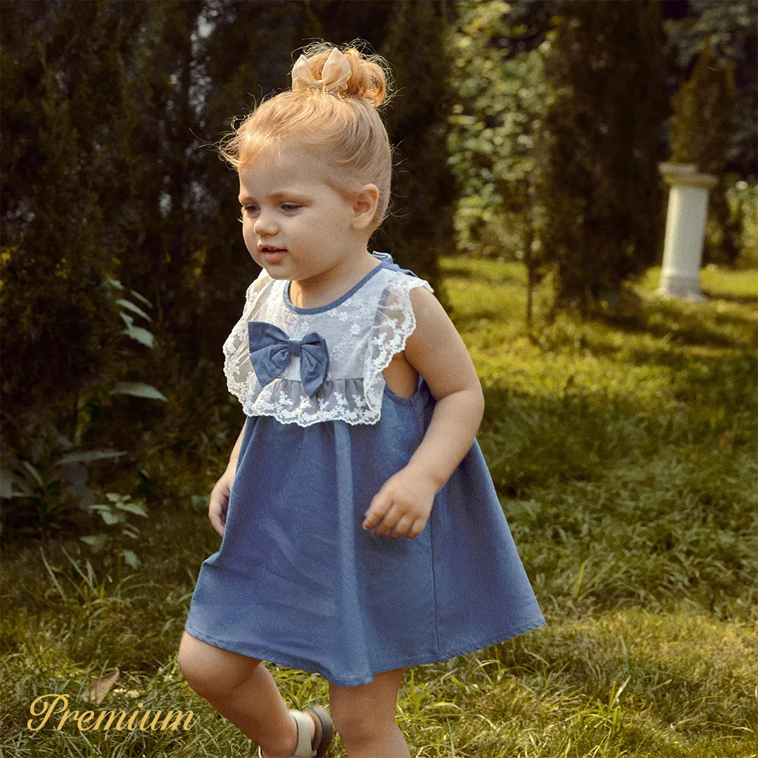 Baby Girl Lace Detail Bow Front Denim Tank Dress