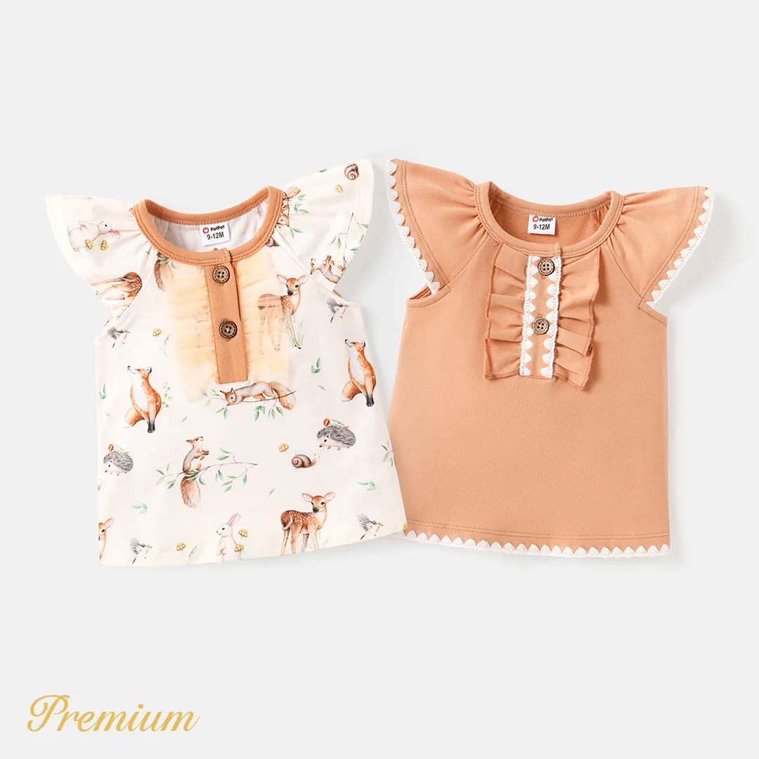 Baby Girl Button Front Ruffle Trim Flutter-sleeve Top Almond Beige image 2