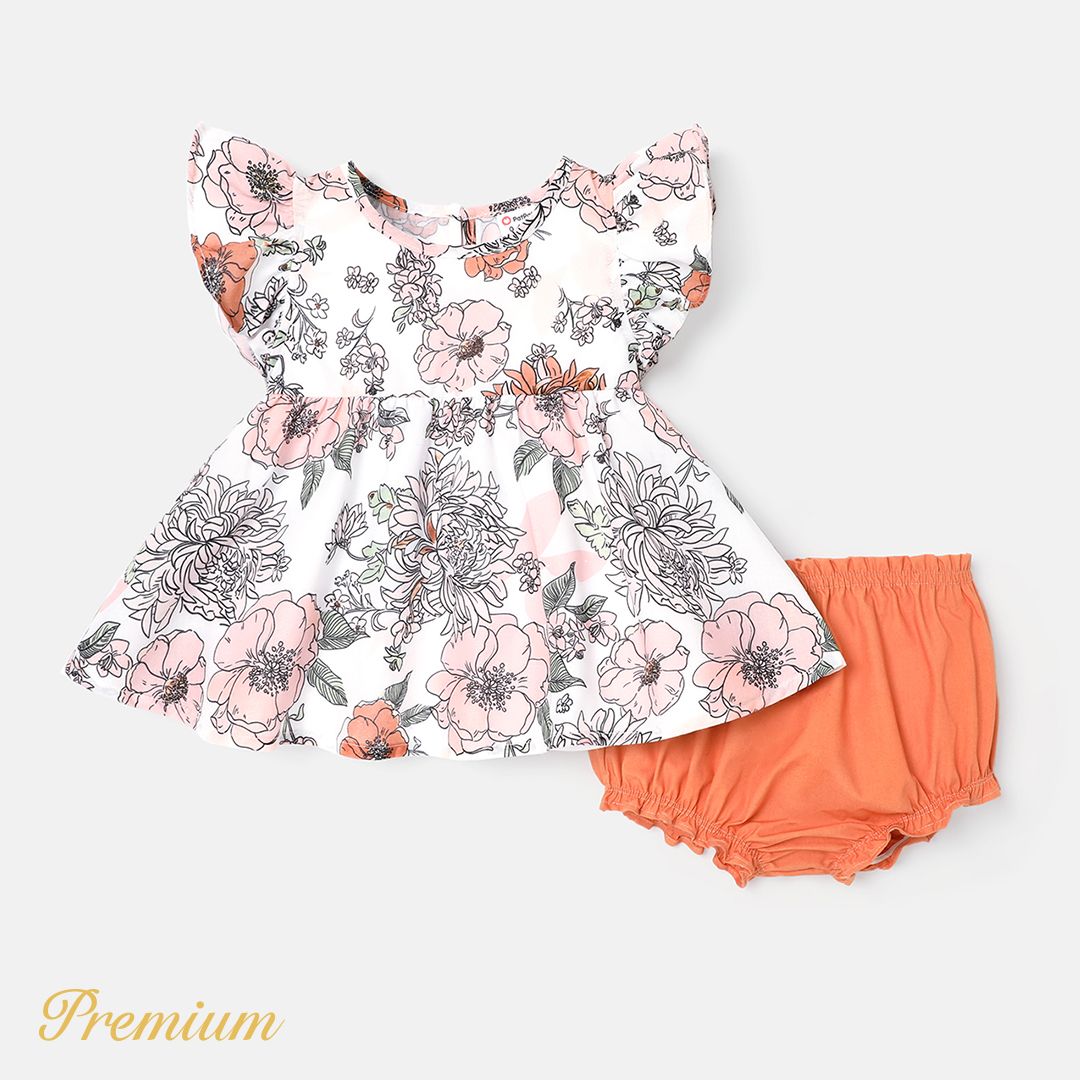 2pcs Baby Girl 100% Cotton Solid Shorts And Floral Print Floral Print Flutter-sleeve Top Set