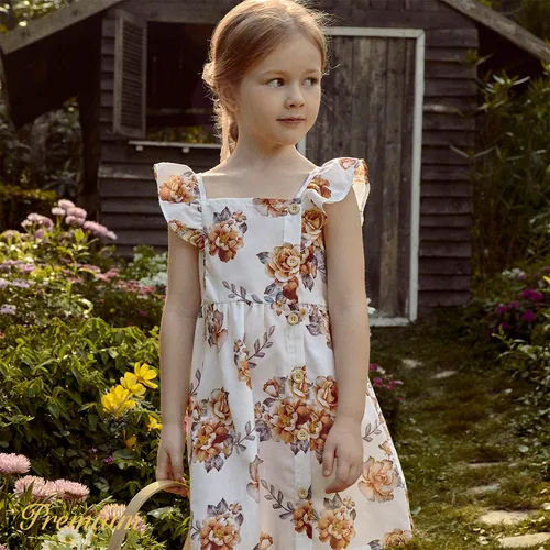Toddler Girl Floral Print/100% Cotton Button Design Sleeveless Dress