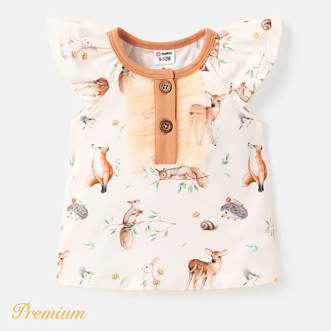 Baby Girl Button Front Ruffle Trim Flutter-sleeve Top Almond Beige big image 1
