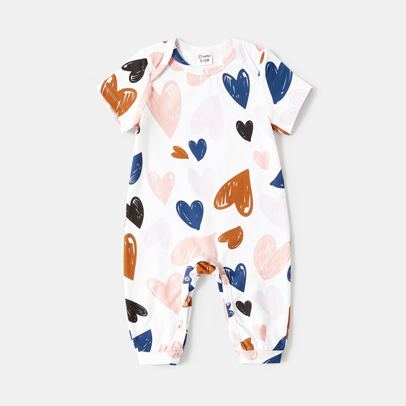 Mother's Day Family Matching Cotton Short-sleeve Allover Heart Print And Colorblock Ribbed Tops