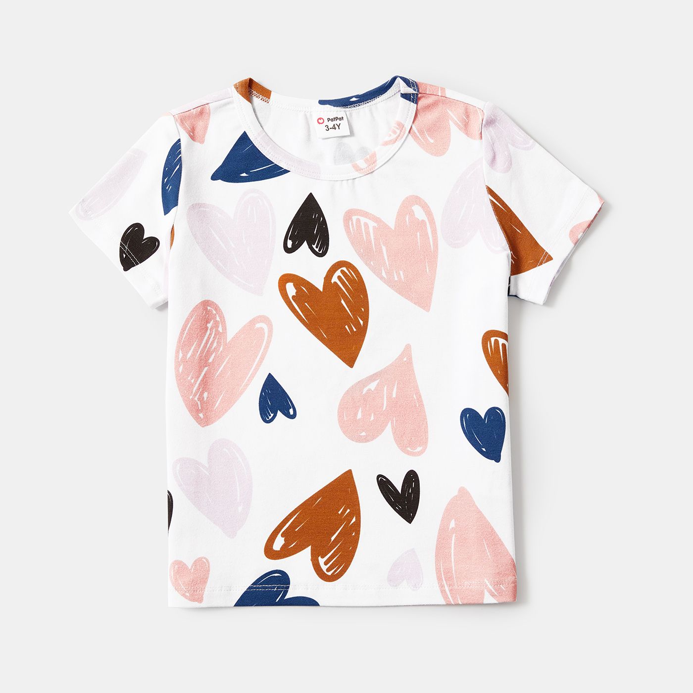 Mother's Day Family Matching Cotton Short-sleeve Allover Heart Print And Colorblock Ribbed Tops