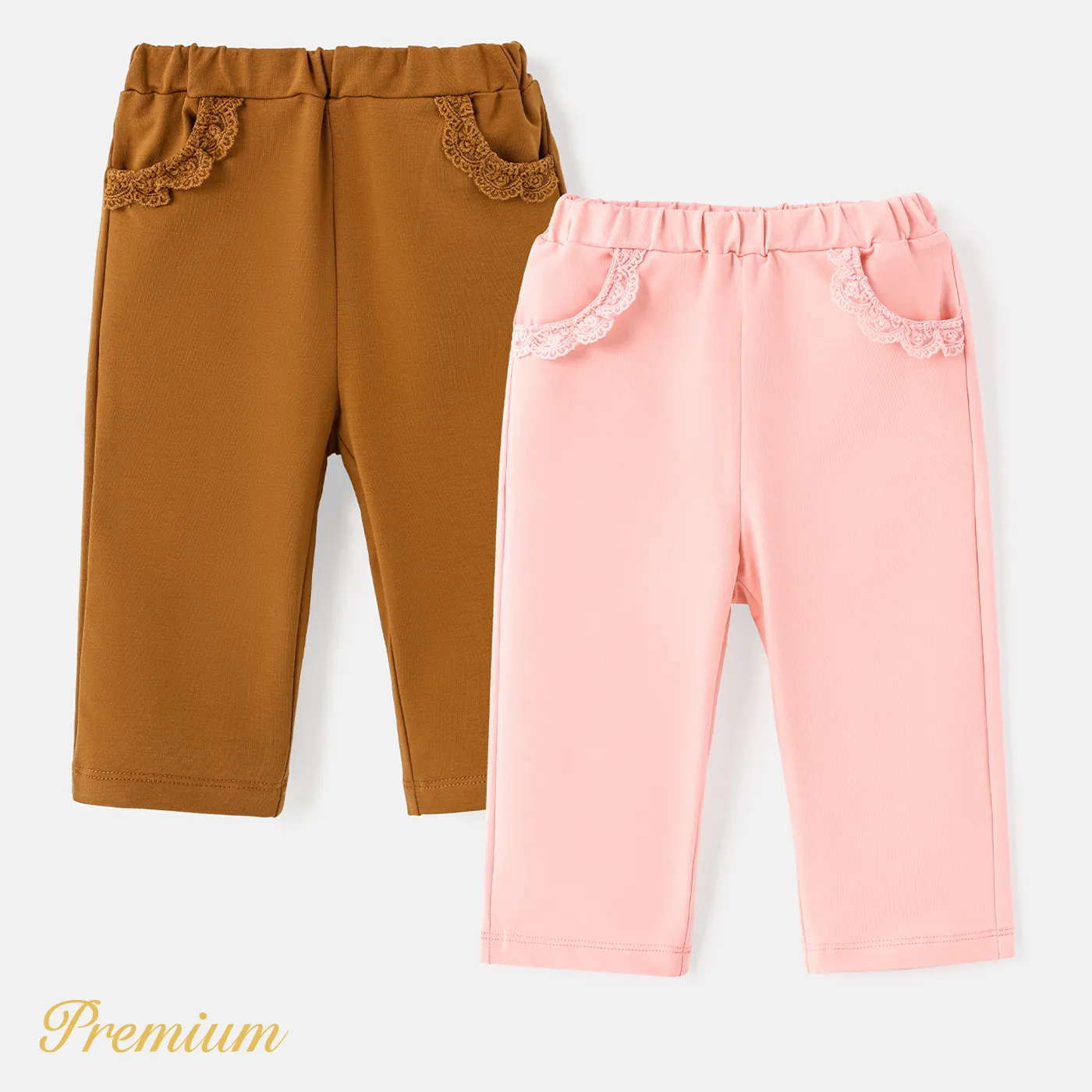 Baby Girl Solid Cotton Lace Detail Pants YellowBrown image 3