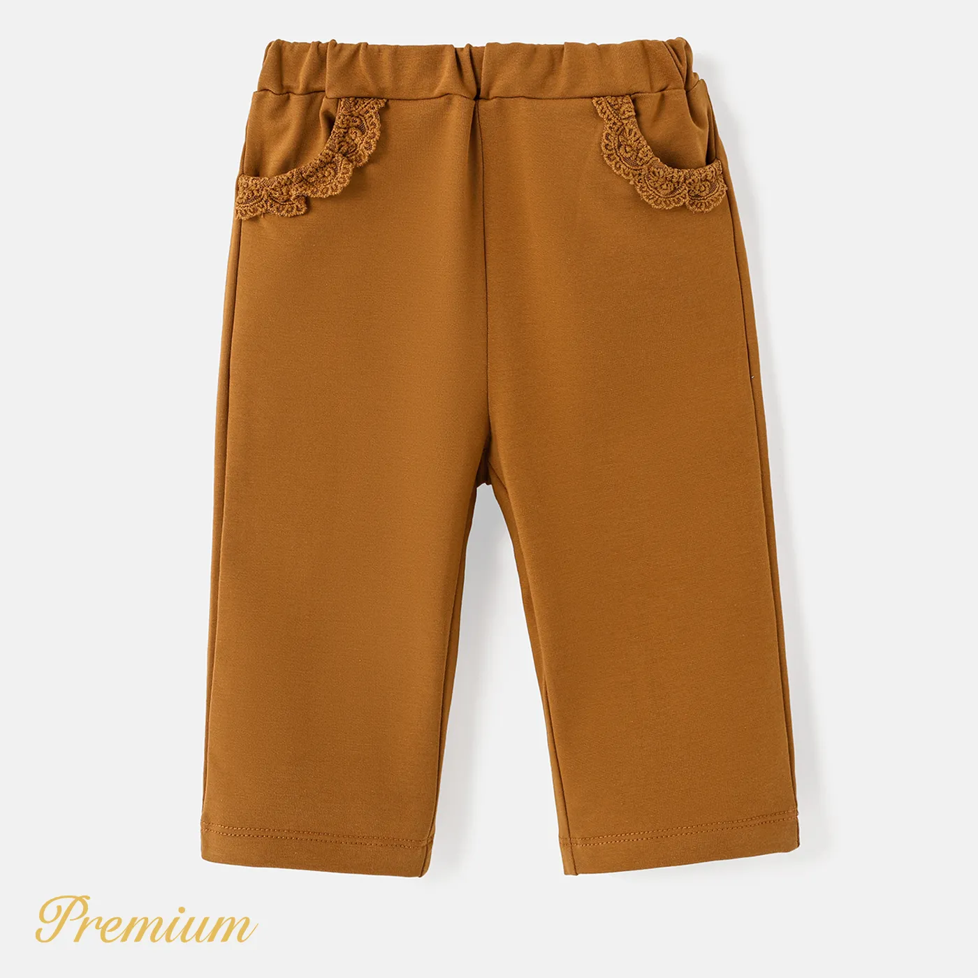 Baby Girl Solid Cotton Lace Detail Pants YellowBrown big image 1