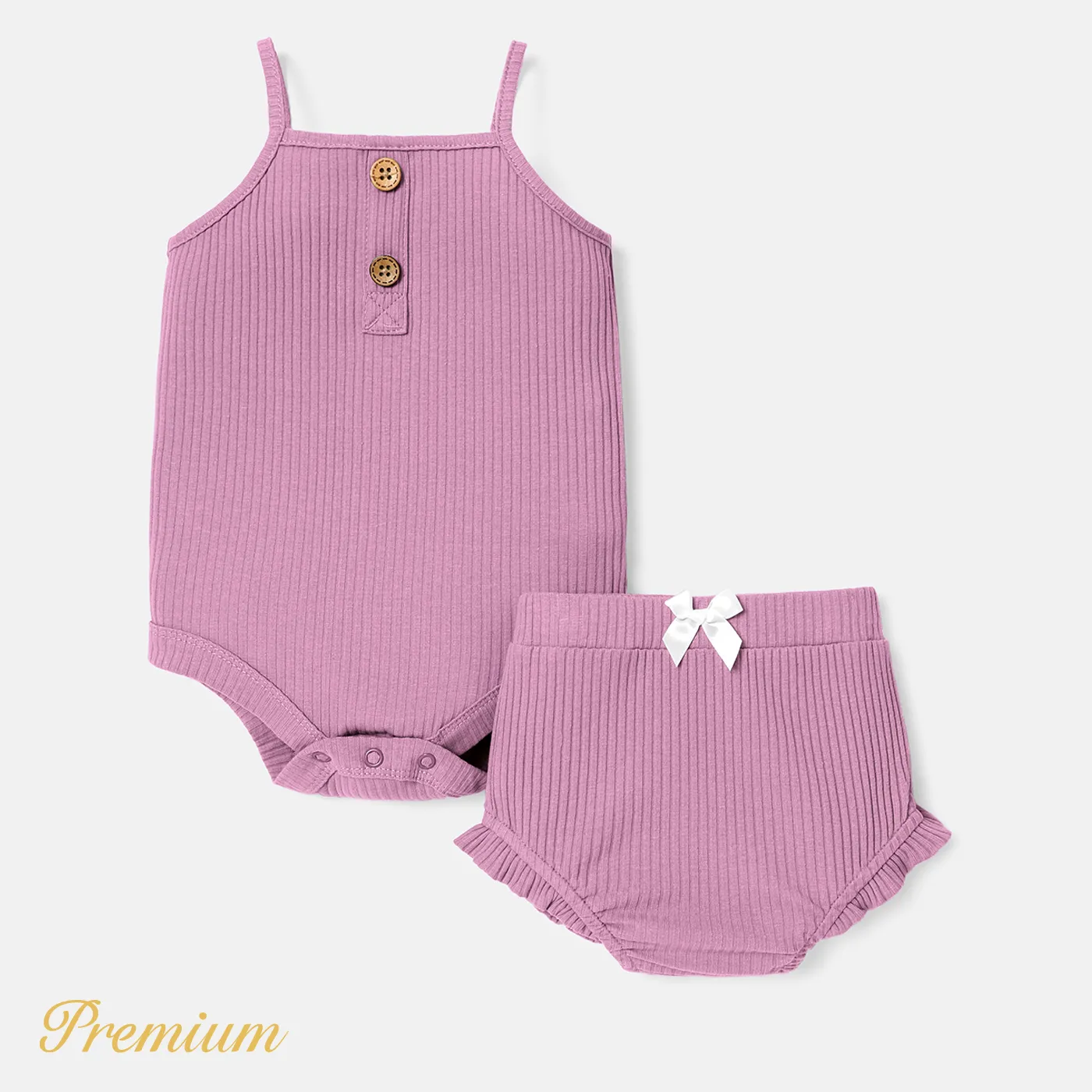 2pcs Baby Girl Solid Cotton Ribbed Cami Romper & Shorts Set