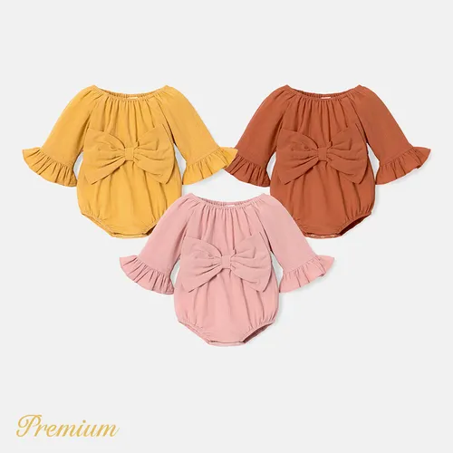 Baby Girl 100% Cotton Solid Color Bowknot Design 3/4 Sleeve Rompers
