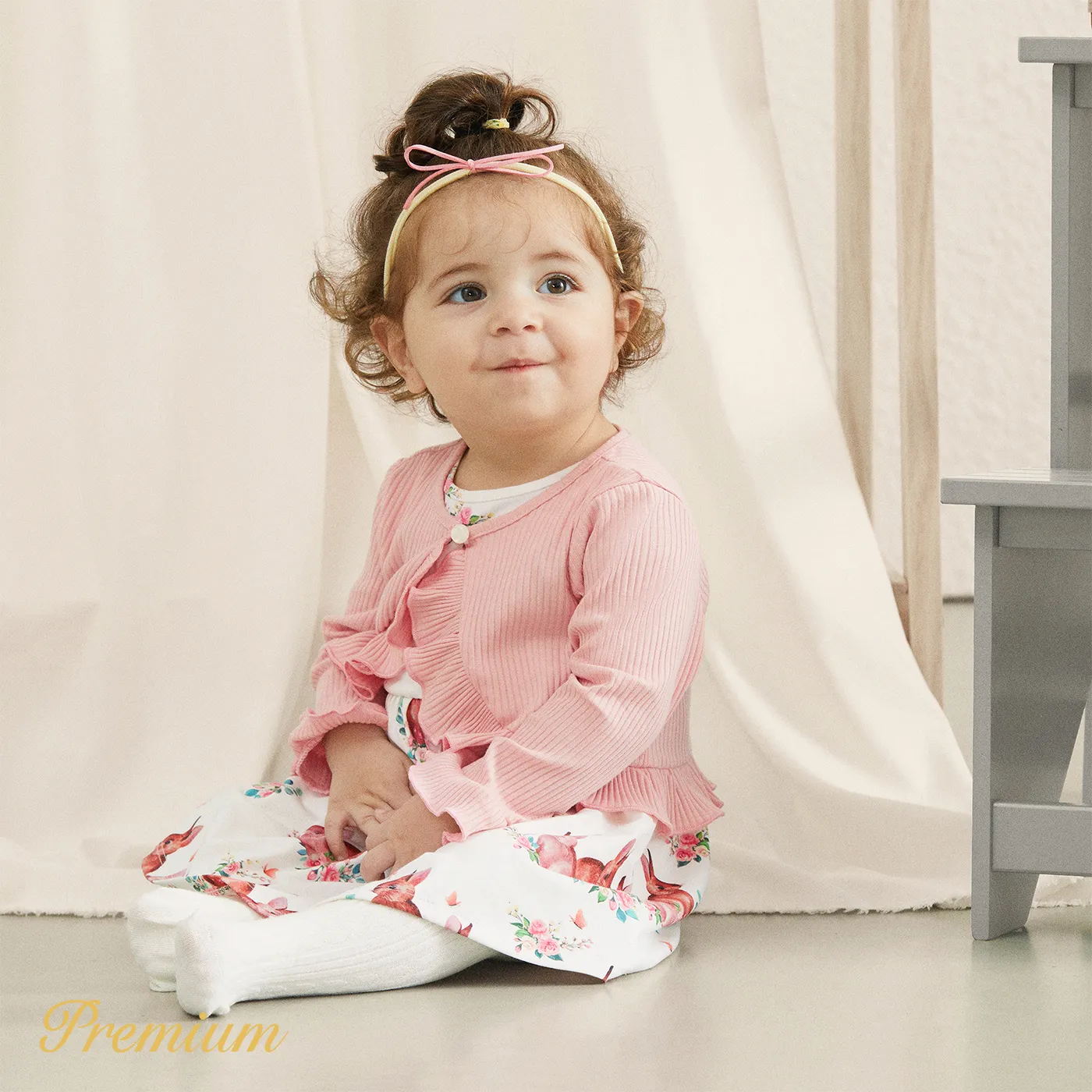 2pcs Baby Girl Floral Print Naia™ Tank Dress and Ruffle Trim Long-sleeve Cardigan Set Pink image 2