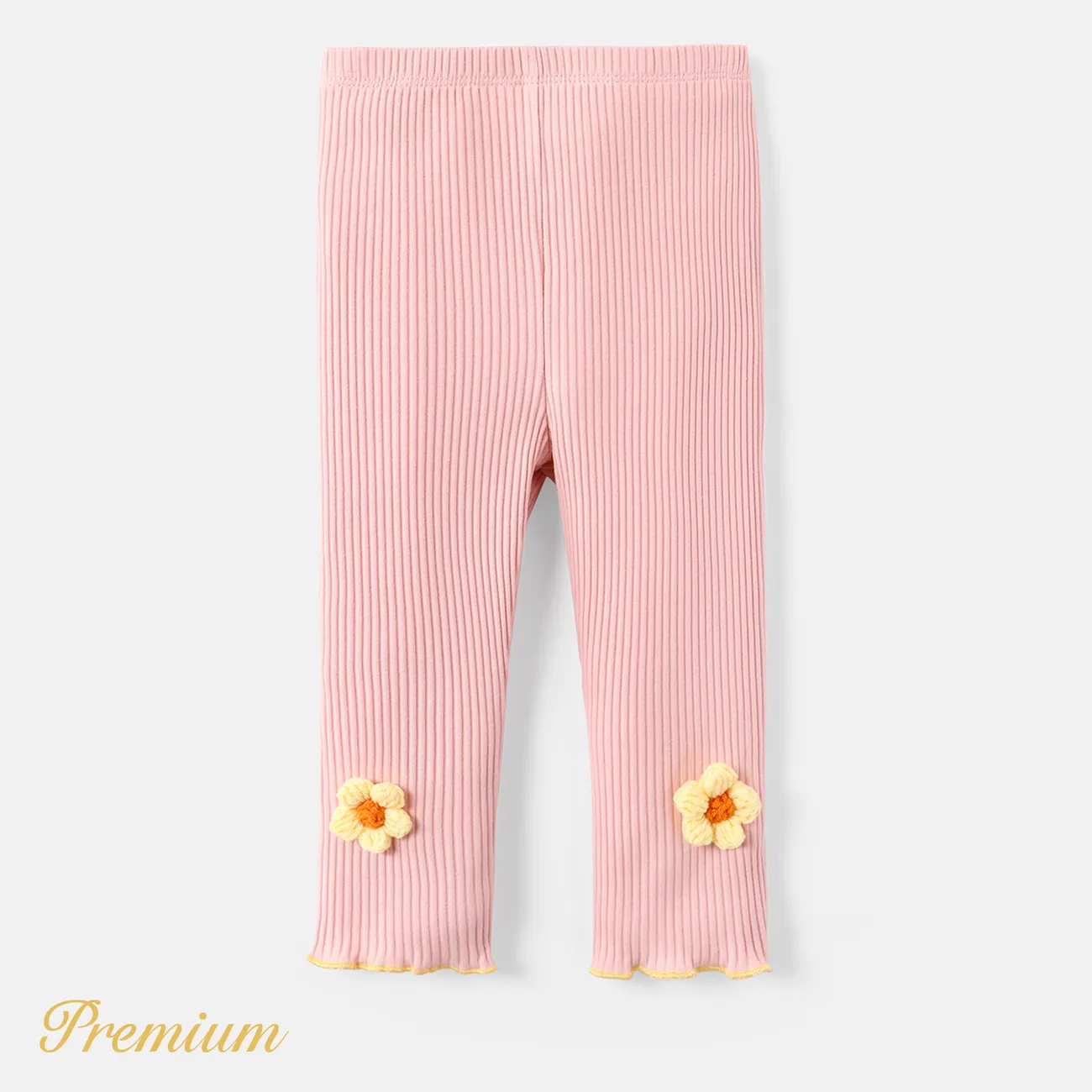 Baby Girl Knit Flower Detail Solid Cotton Ribbed Leggings Pink big image 1