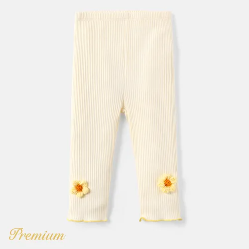 Baby Girl Knit Flower Detail Solid Cotton Ribbed Leggings