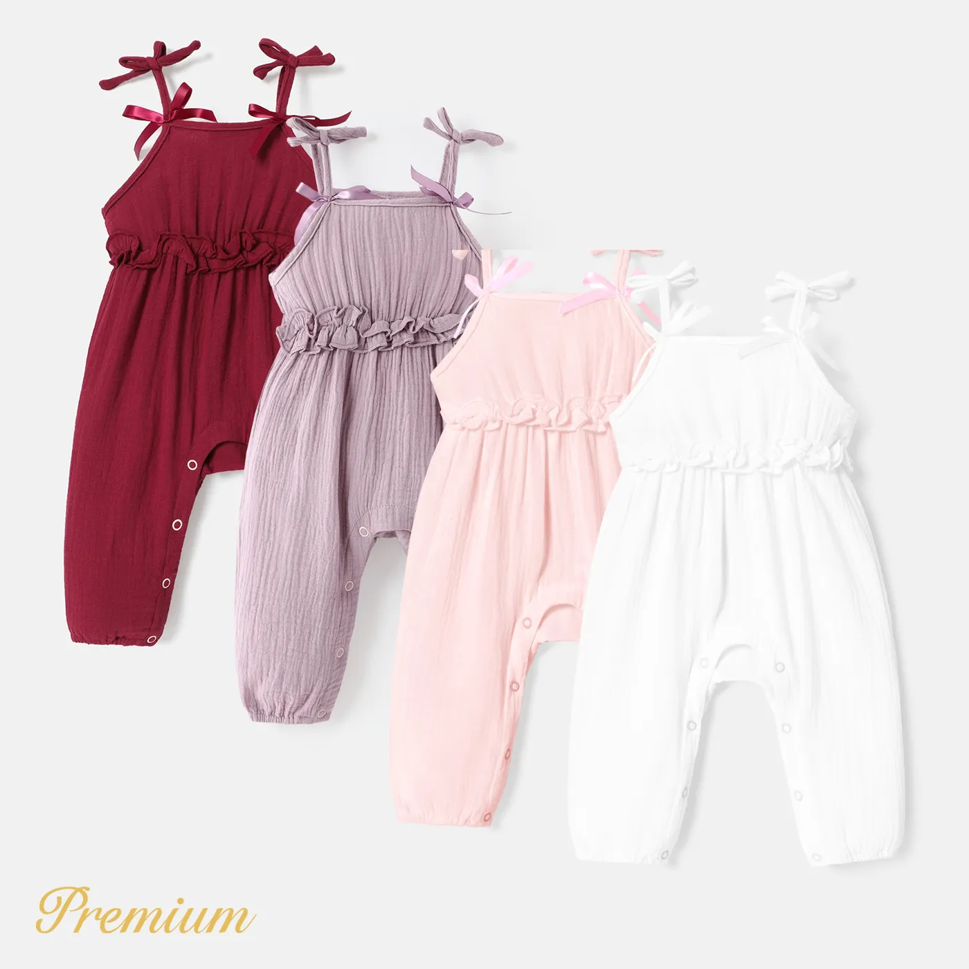 Baby Girl 100% Cotton Crepe Bow Decor Solid Cami Jumpsuit