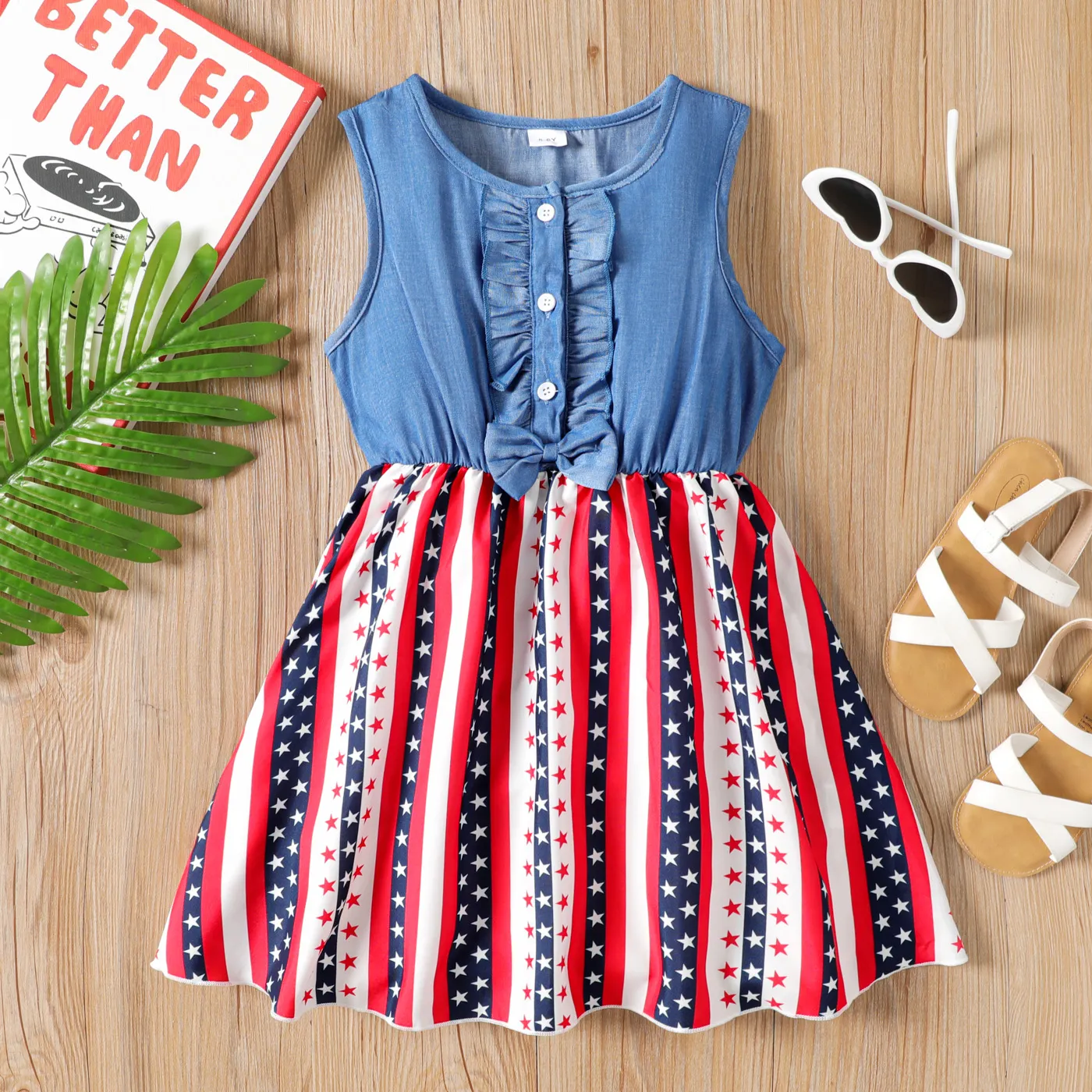 Kid Girl Independence Day Ruffle Trim Tank Dress Dark Blue big image 1