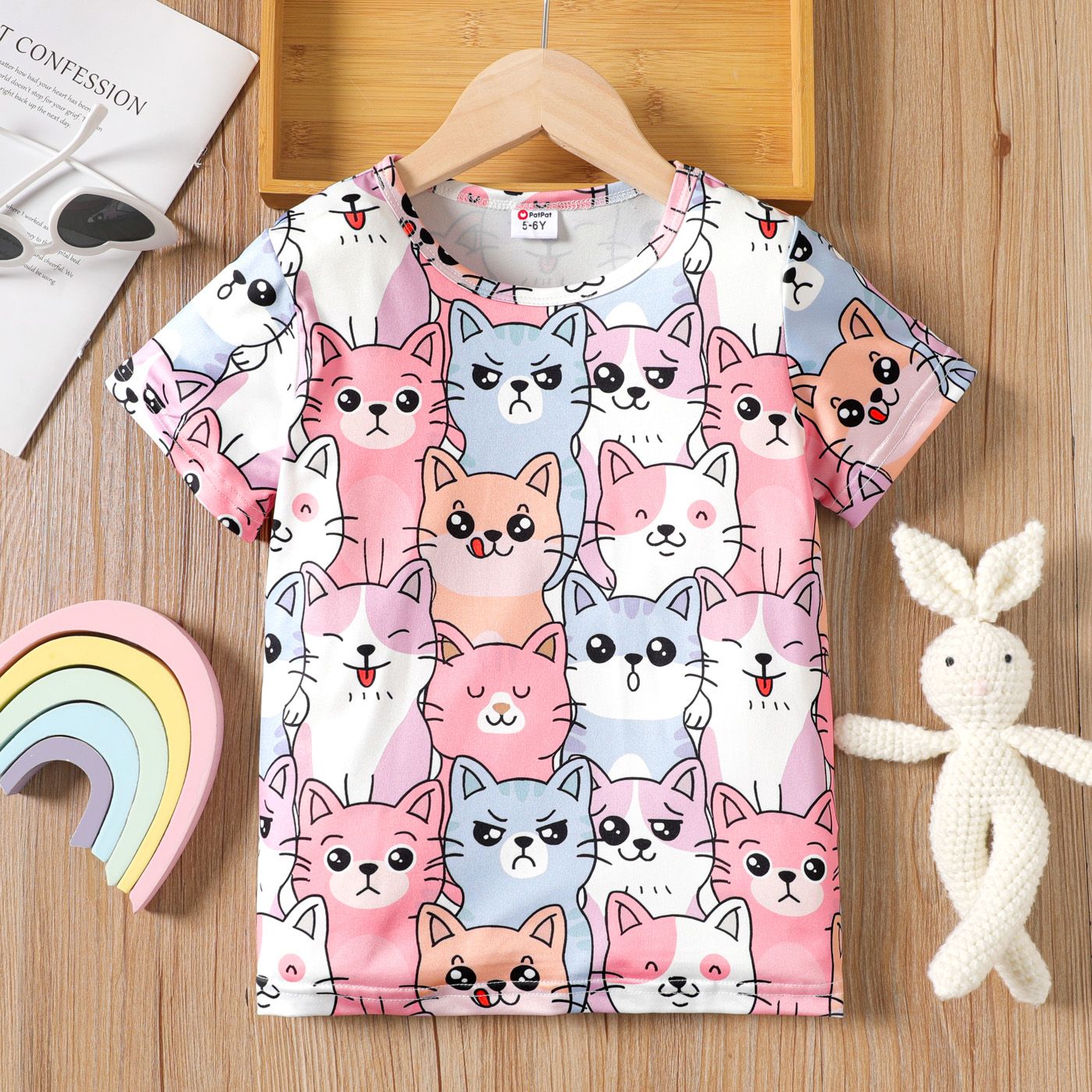 

Kid Girl Cute Cat Print Short-sleeve Tee