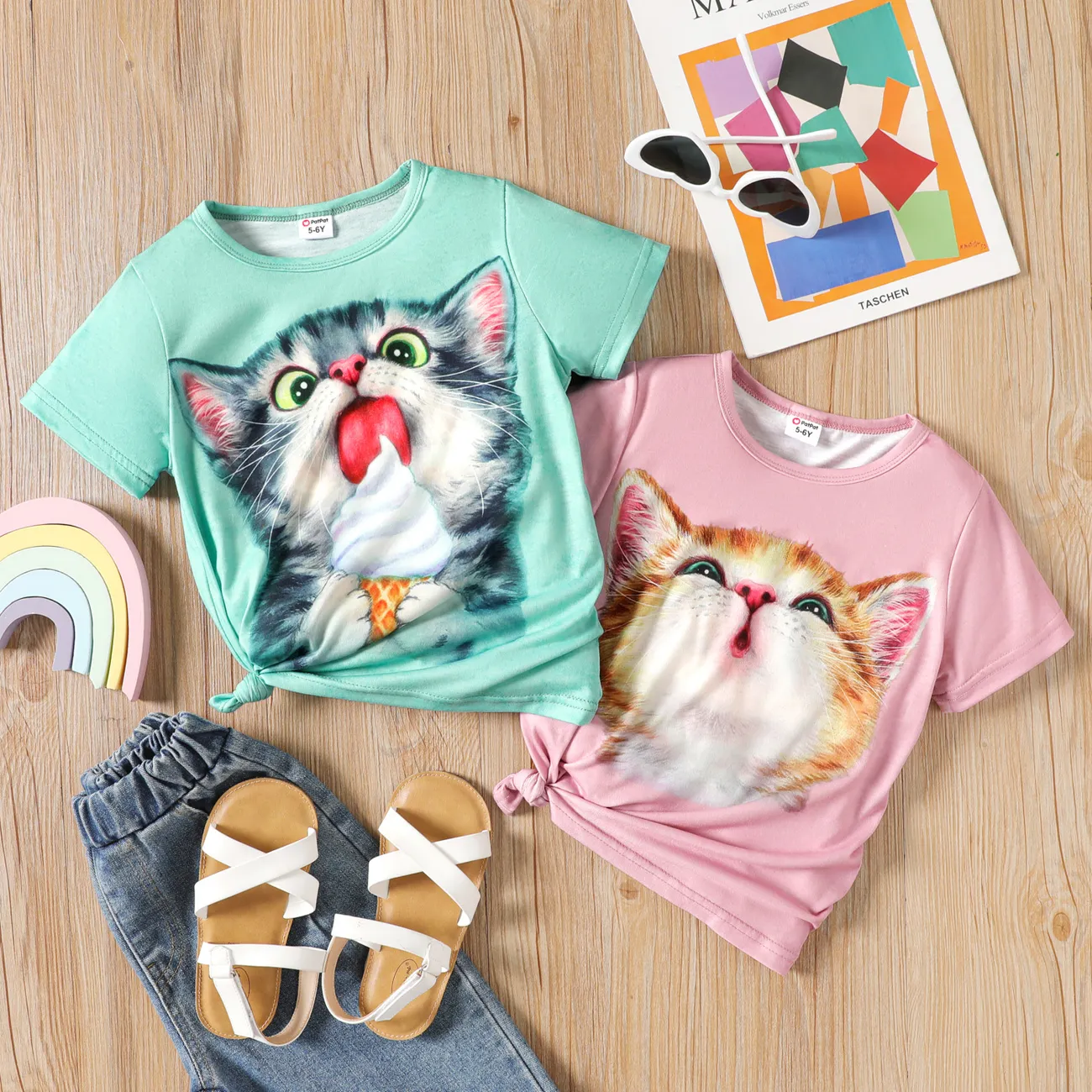 Kid Girl Cute Cat Print Short-sleeve Top Pink big image 1