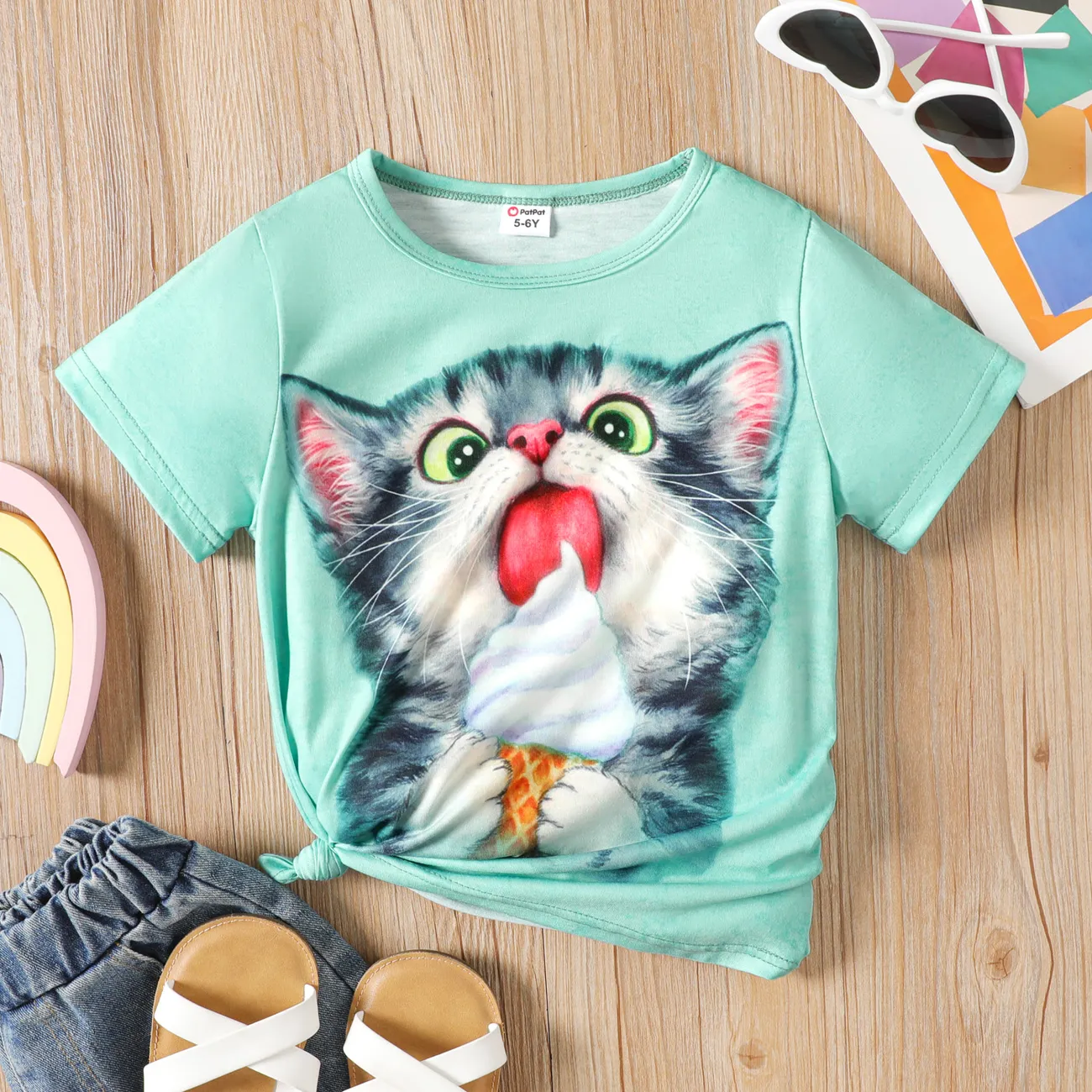 Kid Girl Cute Cat Print Short-sleeve Top  big image 1