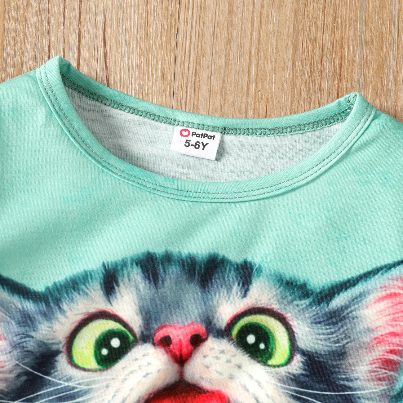 Kid Girl Cute Cat Print Short-sleeve Top Green big image 1