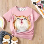 Kid Girl Cute Cat Print Short-sleeve Top Pink