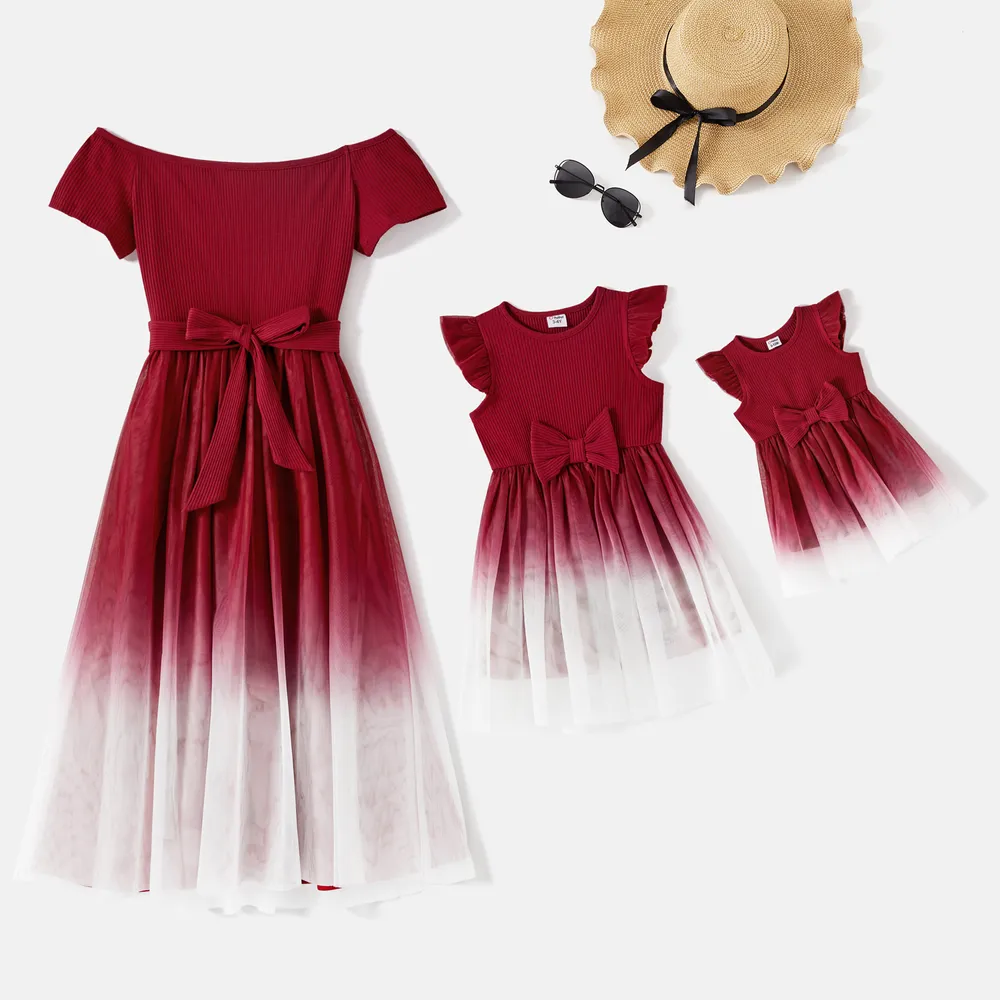 Mommy and Me Cotton Ribbed Spliced Ombre Mesh Dresses big image 3