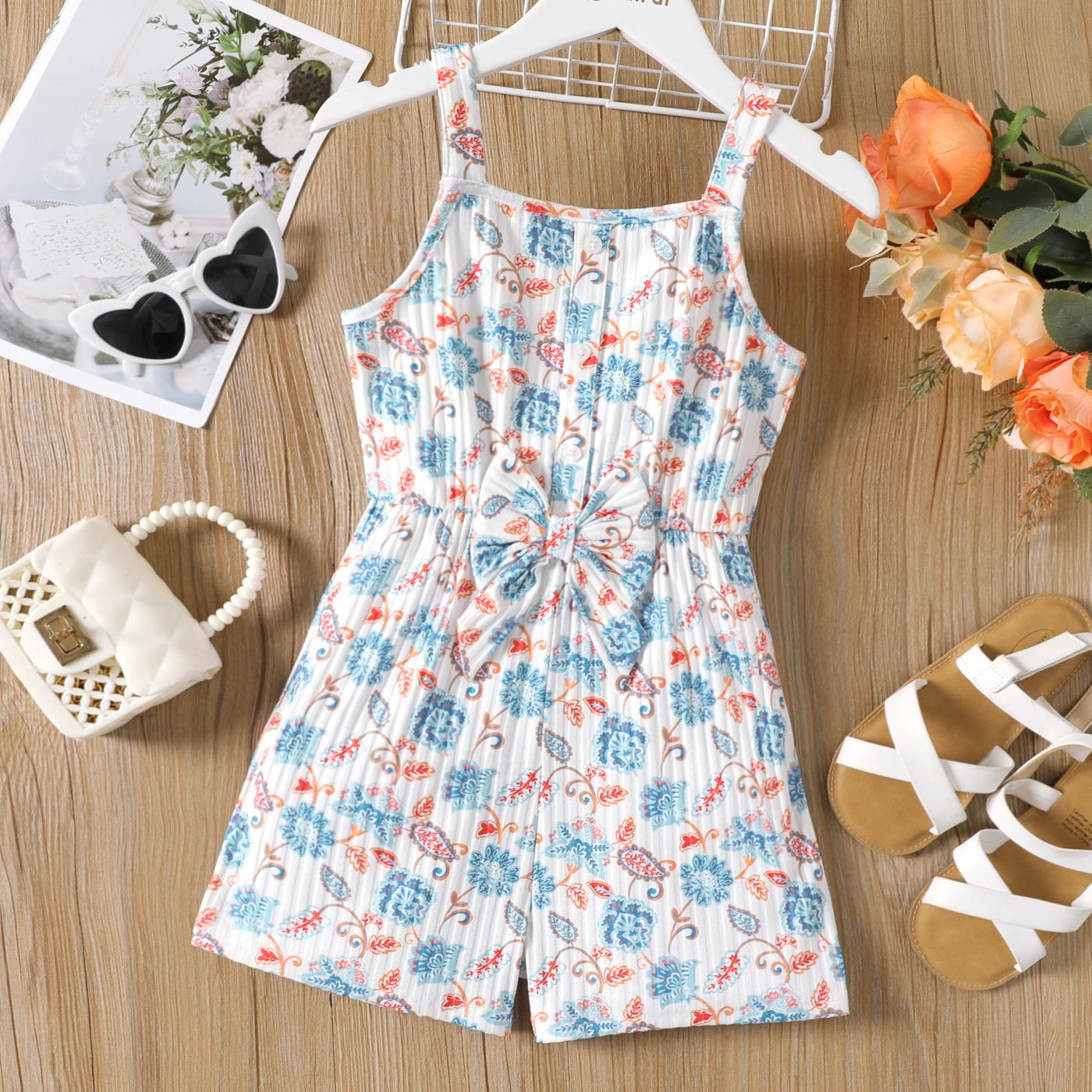Kid Girl Allover Floral Print Bow Front Tank Romper