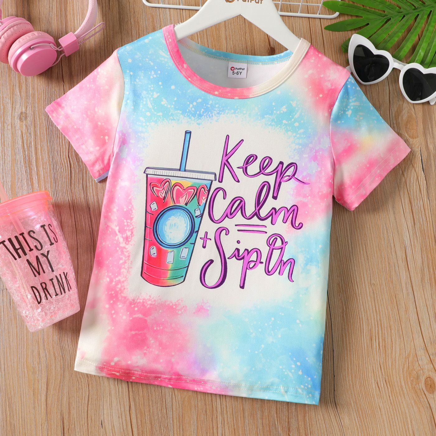 Kid Girl Sippy Cup & Letter Print Tee à Manches Courtes