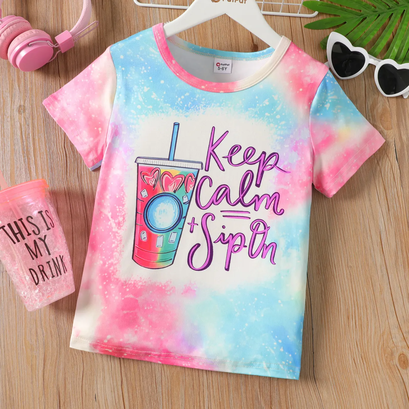 Kid Girl Sippy Cup & Letter Print Short-sleeve Tee  big image 1