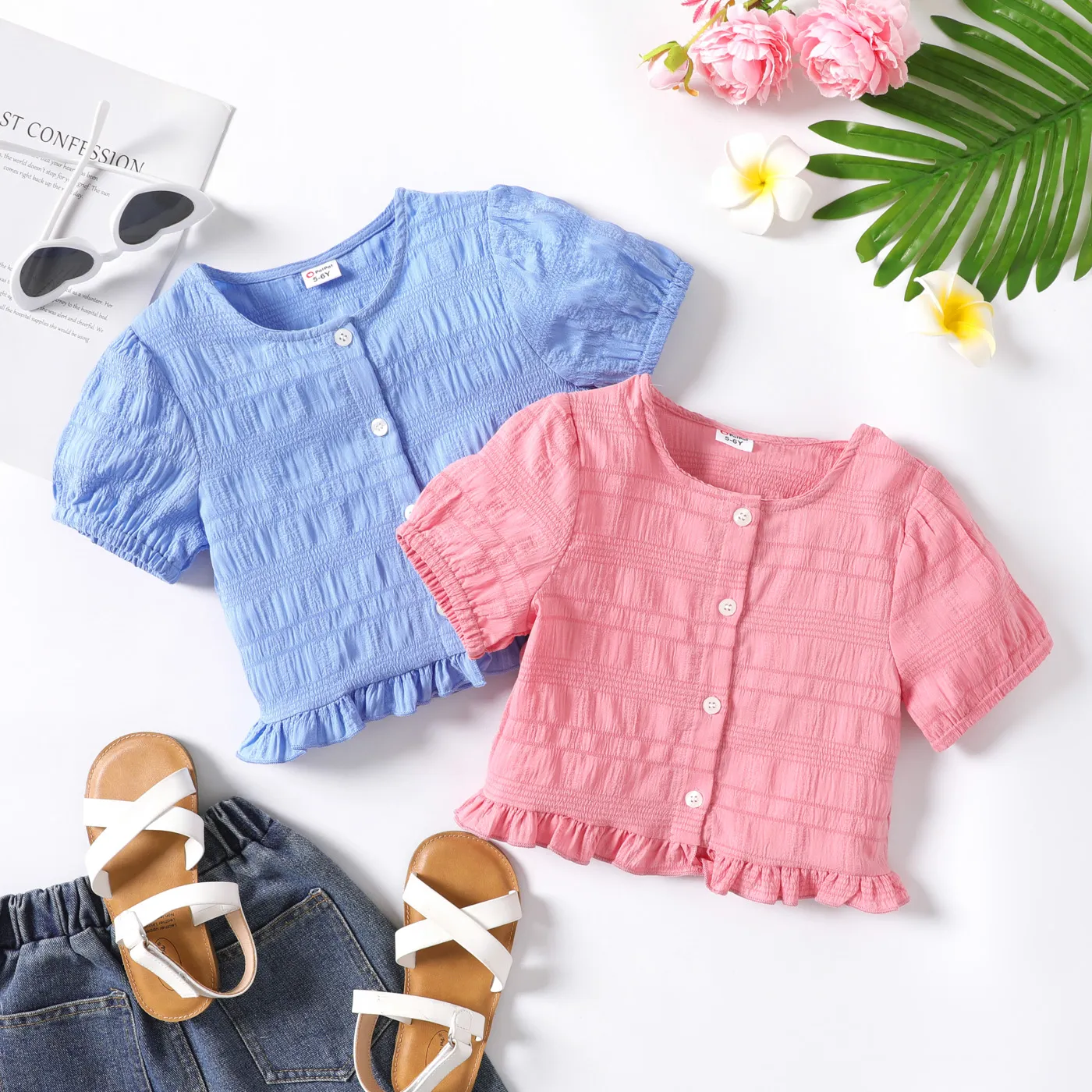 Kid Girl Solid Ruffle Hem Button Up Puff-sleeve Textured Tee