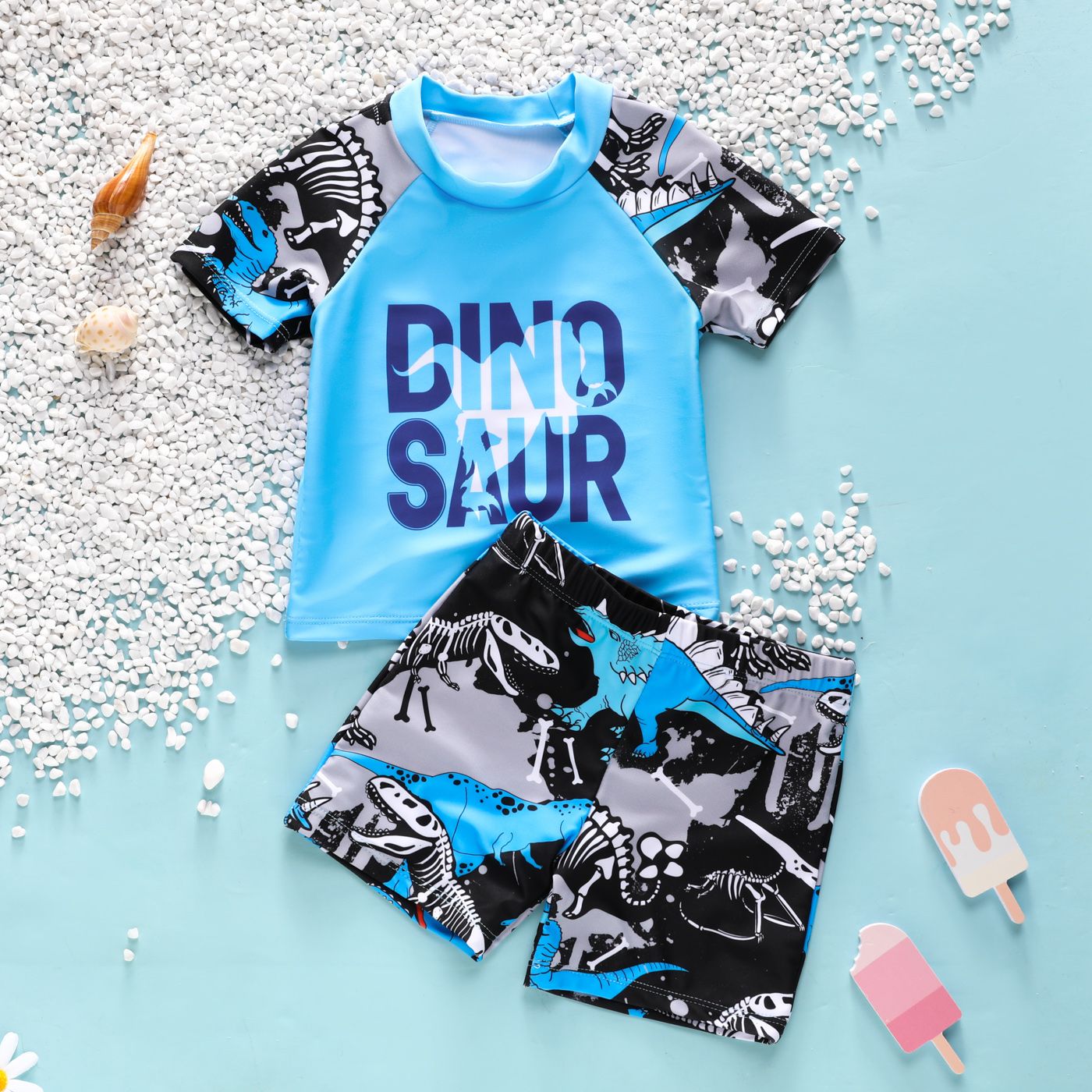 

2pcs Toddler Boy Letter & Dinosaur Print Top and Swim Trunks