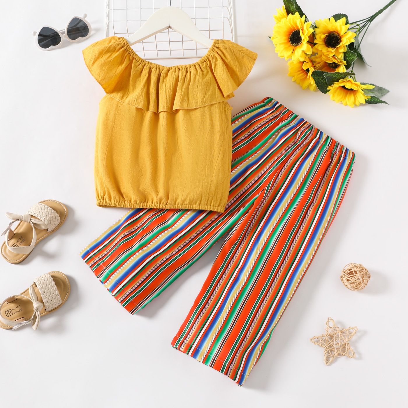 

2pcs Toddler Girl 100% Cotton Solid Ruffled Tank Top and Colorful Stripe Pants Set