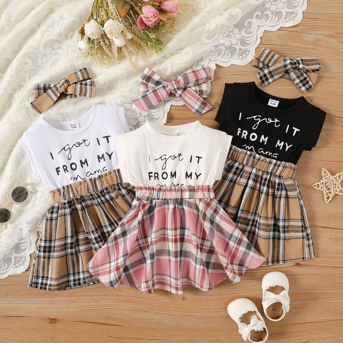 

2pcs Baby Girl Short-sleeve Letter Print Spliced Plaid Dress & Headband Sets
