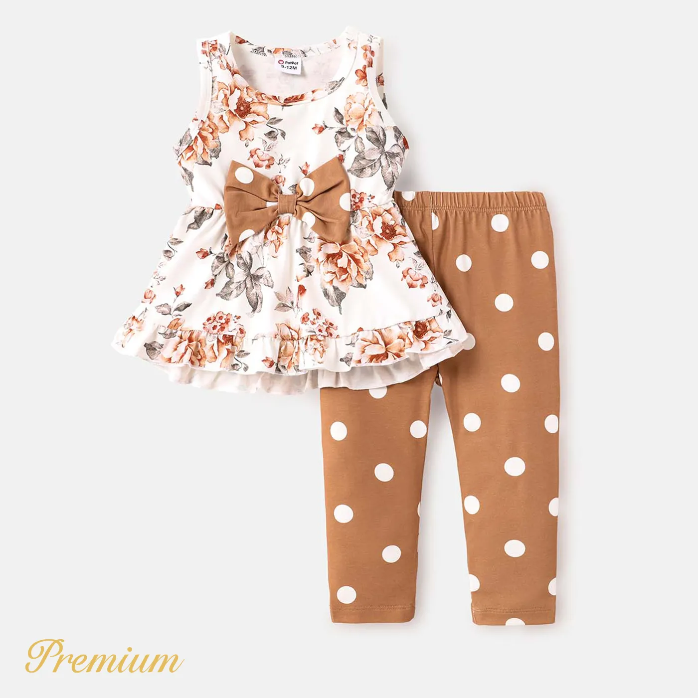 2pcs Baby Girl Floral Print Ruffle Sleeveless Naia™ Tee and Polka dots Leggings Set LightOchre big image 1