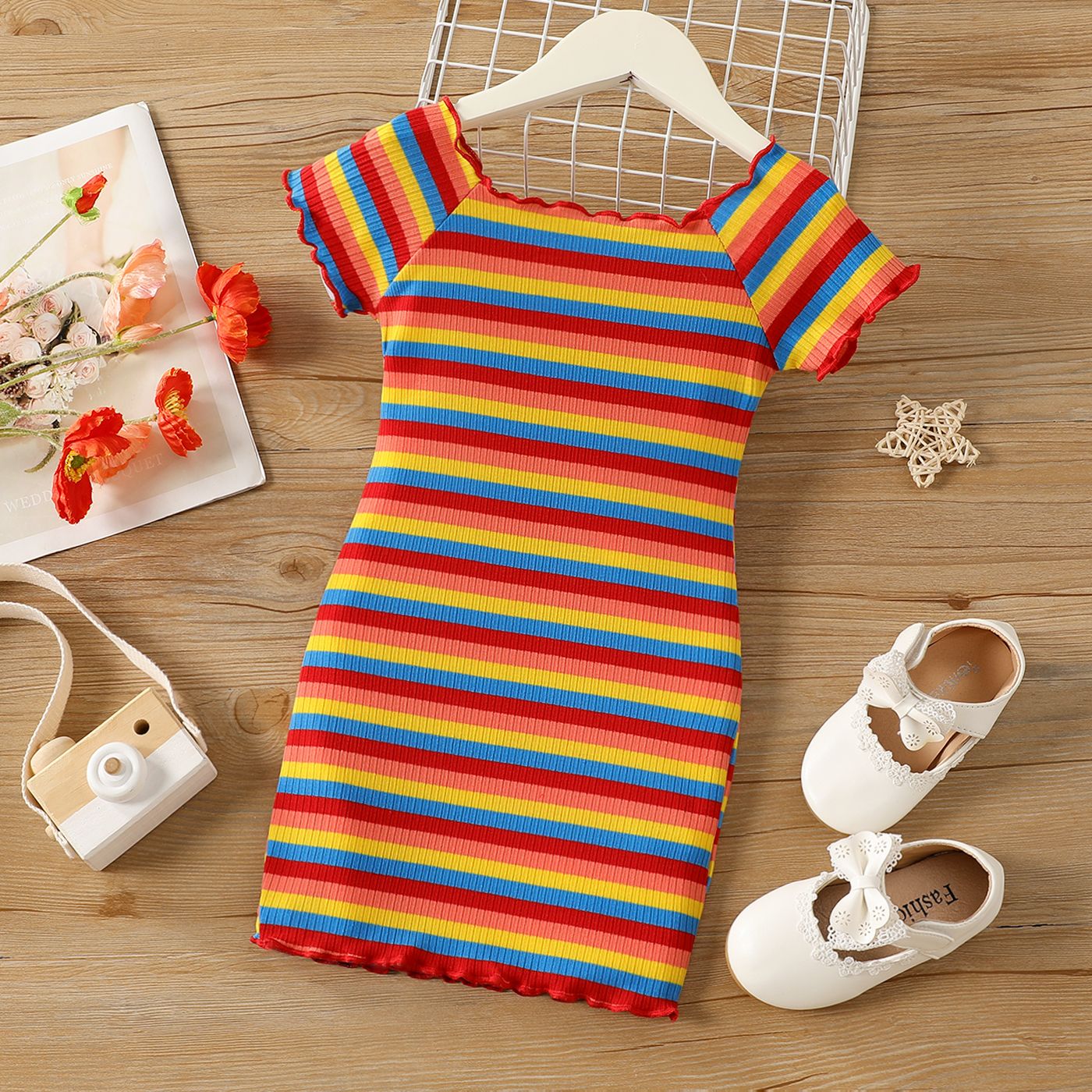 

Toddler Girl Colorful Stripe Short-sleeve Dress