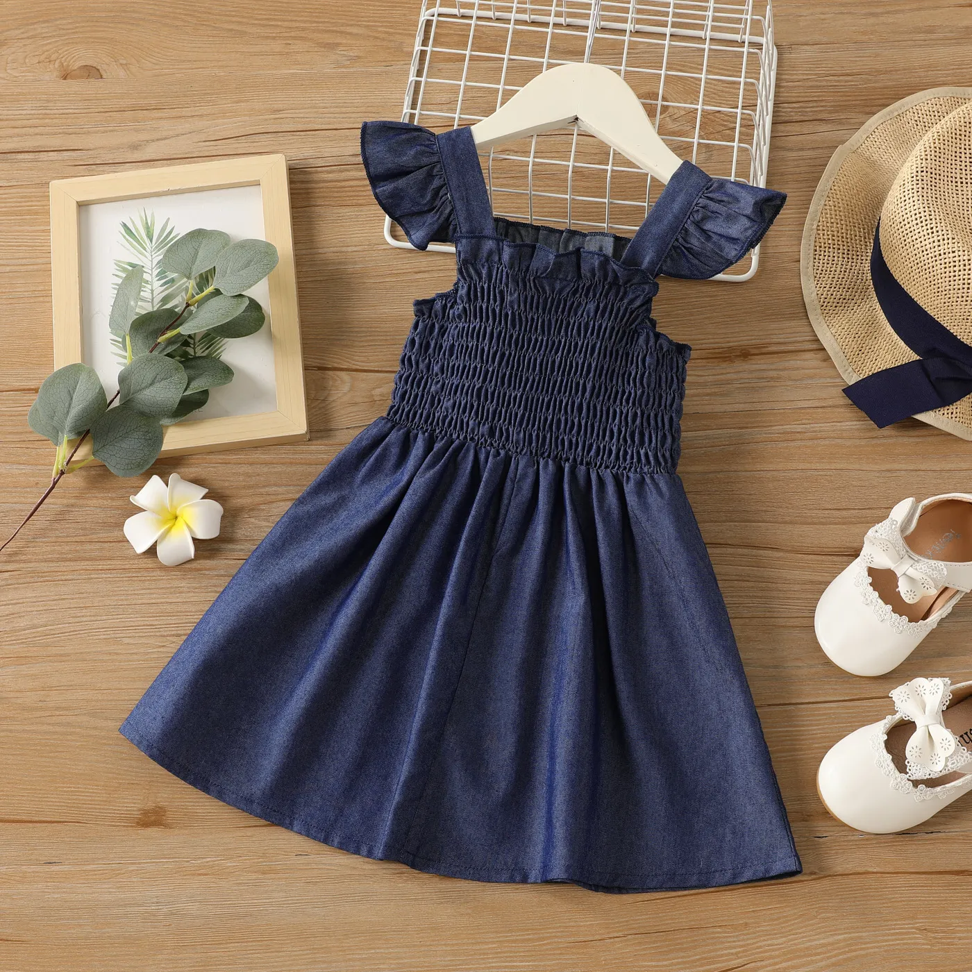 Toddler Girl Blue Flutter-sleeve Smocked Cotton Dress  image 2