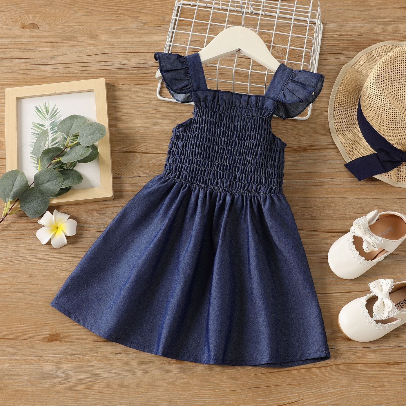 Toddler Girl Blue Flutter-sleeve Smocked Cotton Dress