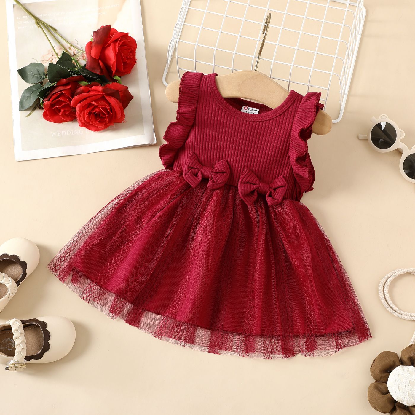 

Baby Girl Cotton Ribbed Ruffled Bow Decor Sleeveless Spliced Lace Mesh Dress