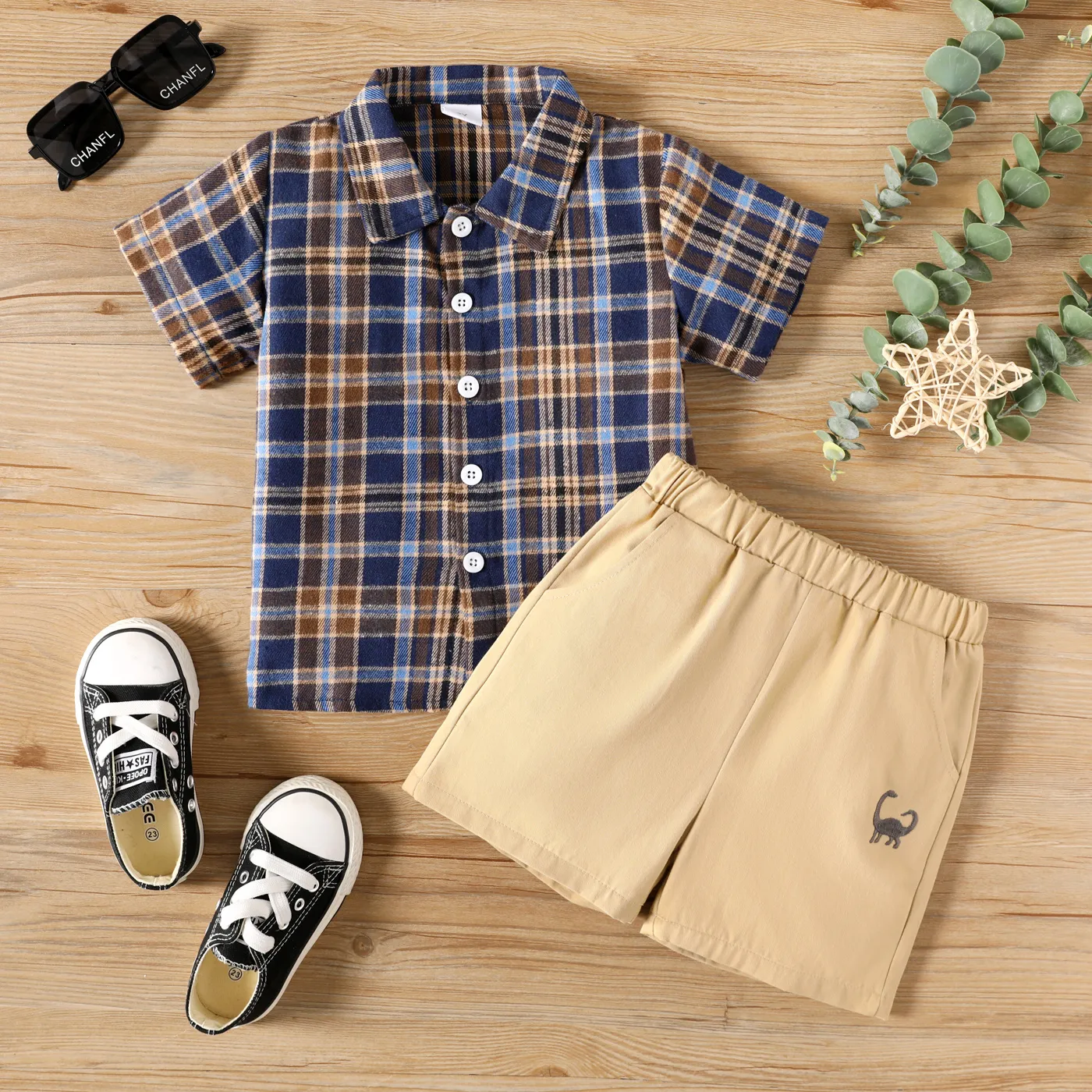 2pcs Toddler Boy Plaid Short-sleeve Shirt and 100% Cotton Dinosaur Embroidered Shorts Set  image 1