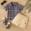 2pcs Toddler Boy Plaid Short-sleeve Shirt and 100% Cotton Dinosaur Embroidered Shorts Set  image 1
