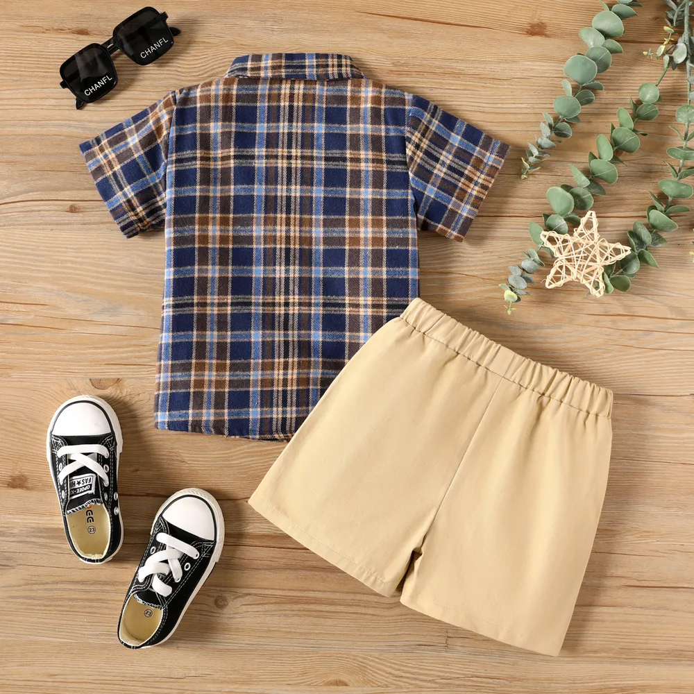 2pcs Toddler Boy Plaid Short-sleeve Shirt and 100% Cotton Dinosaur Embroidered Shorts Set big image 2