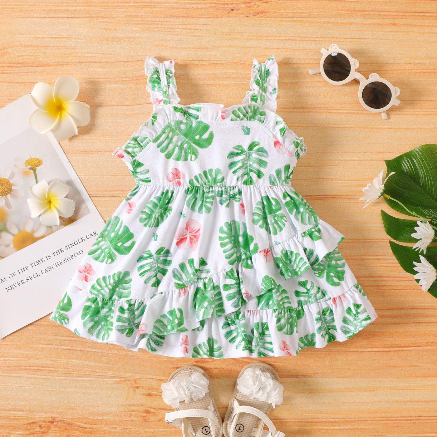 

Baby Girl Cotton Allover Palm Leaf Print Layered Ruffled Sleeveless Dress