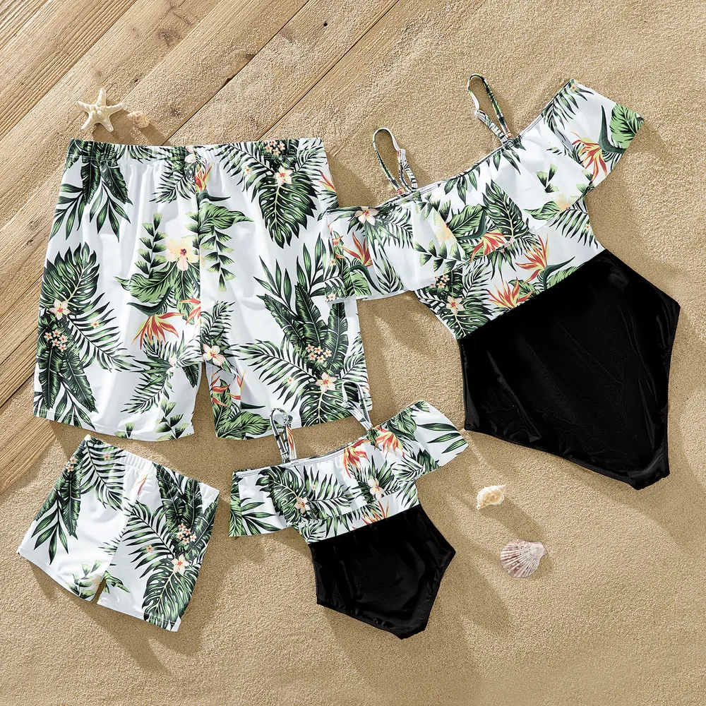 Family Matching Tropical Plant Floral Print One Piece Swimsuit or Swim Trunks Shorts big image 8