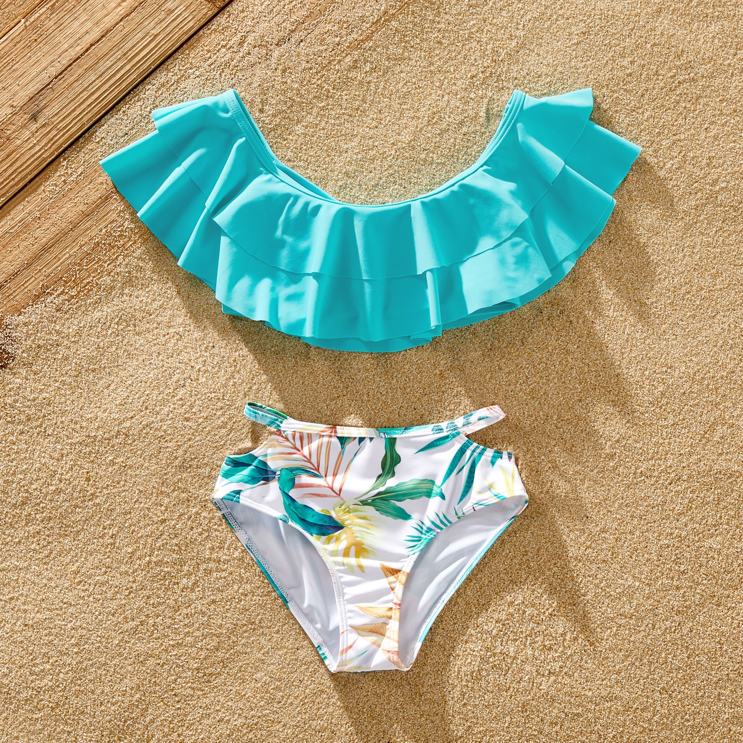 Family Matching Tropical Plant Print Ruffled Two-piece Swimsuit Or Swim Trunks Shorts