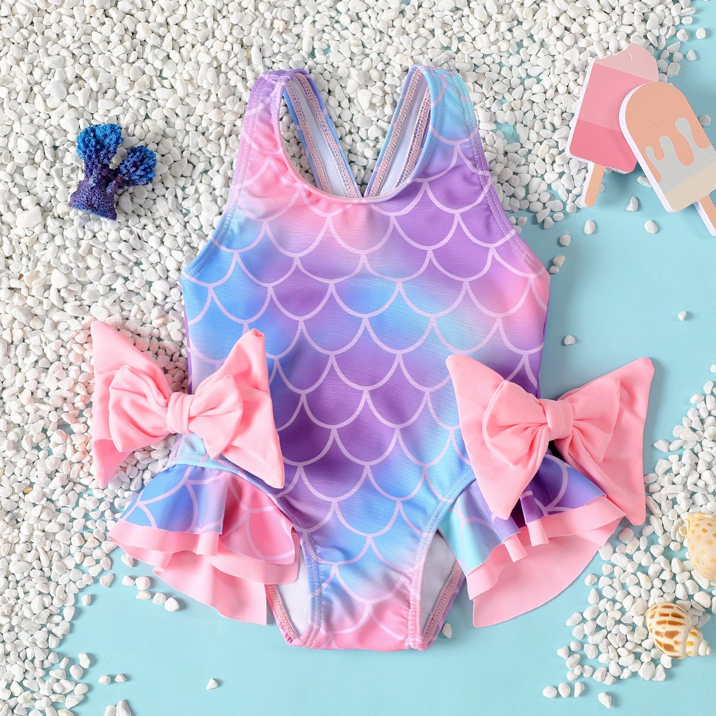 

Baby Girl Bow Side Decor Mermaid Pattern One Piece Swimsuit