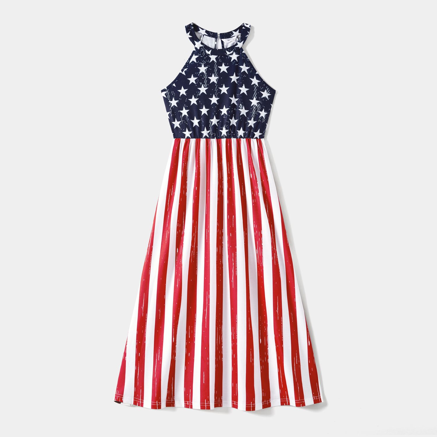 Independence Day Family Matching Stars & Striped Print Spliced Halter Neck Sleeveless Dresses And T-shirts Sets