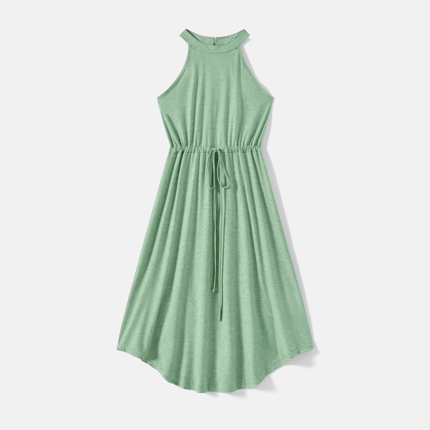 Family Matching Green Halter Neck Sleeveless Drawstring Dresses and Striped Splicing Short-sleeve T-