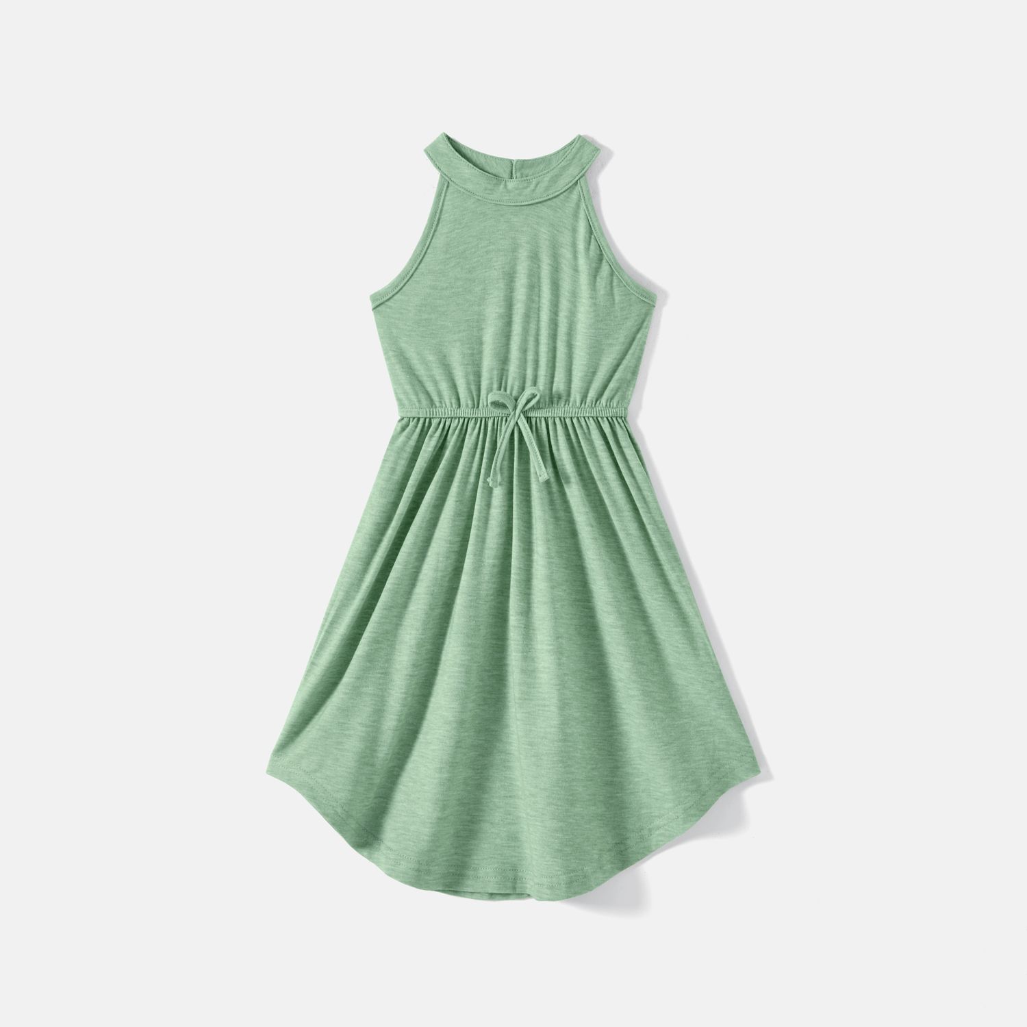 Family Matching Green Halter Neck Sleeveless Drawstring Dresses And Striped Splicing Short-sleeve T-shirts Sets