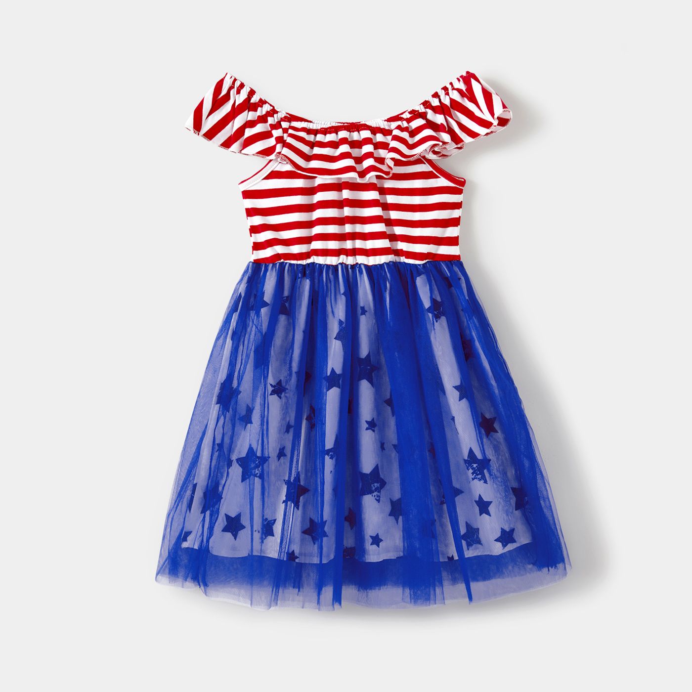 Independence Day Mommy And Me Striped Off Shoulder Ruffled Sleeveless Star Print Lined Mesh Dresses