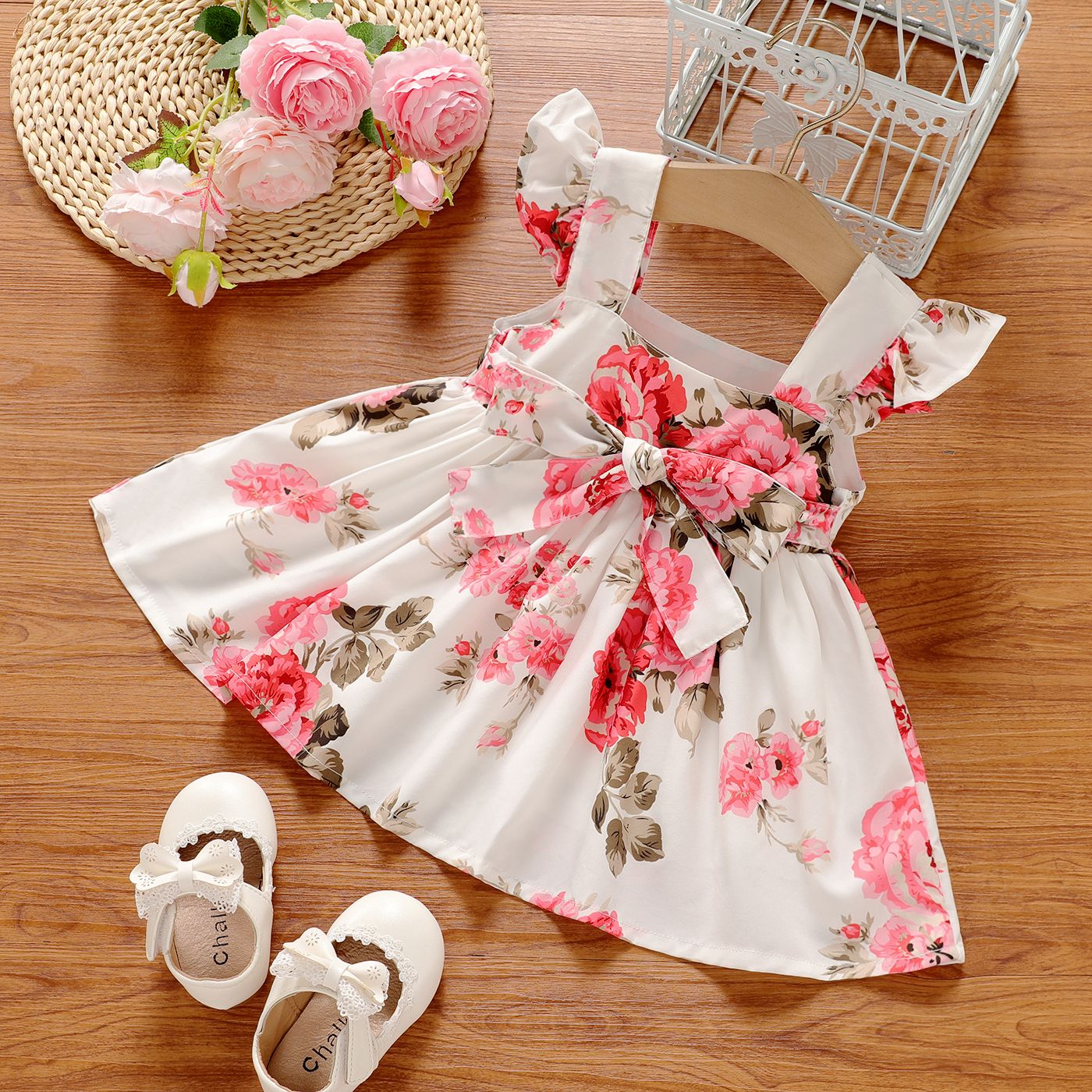 Baby Girl Allover Floral Print Belted Flutter-sleeve Dress