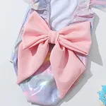 2pcs Kid Girl Bow Design Colorful Tie Dyed Ruffle-sleeve One-piece Swimsuit and Swimming Cap Set  image 3