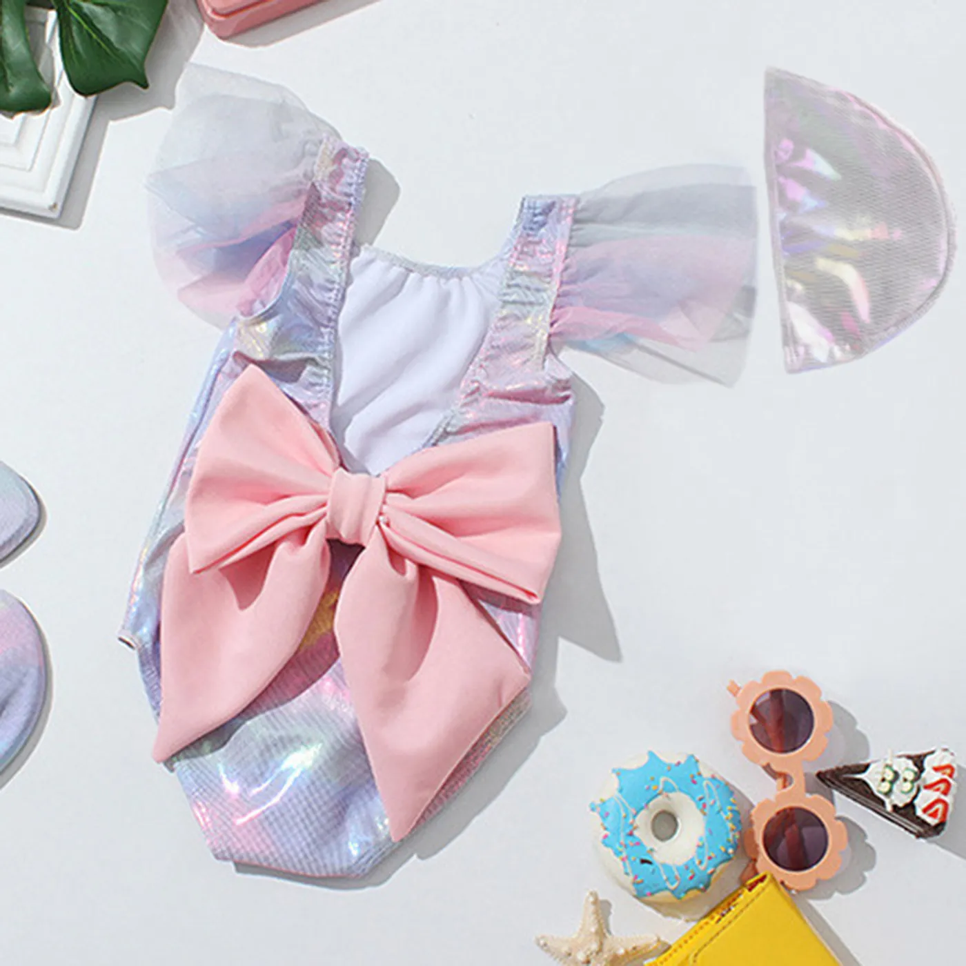 2pcs Kid Girl Bow Design Colorful Tie Dyed Ruffle-sleeve One-piece Swimsuit And Swimming Cap Set