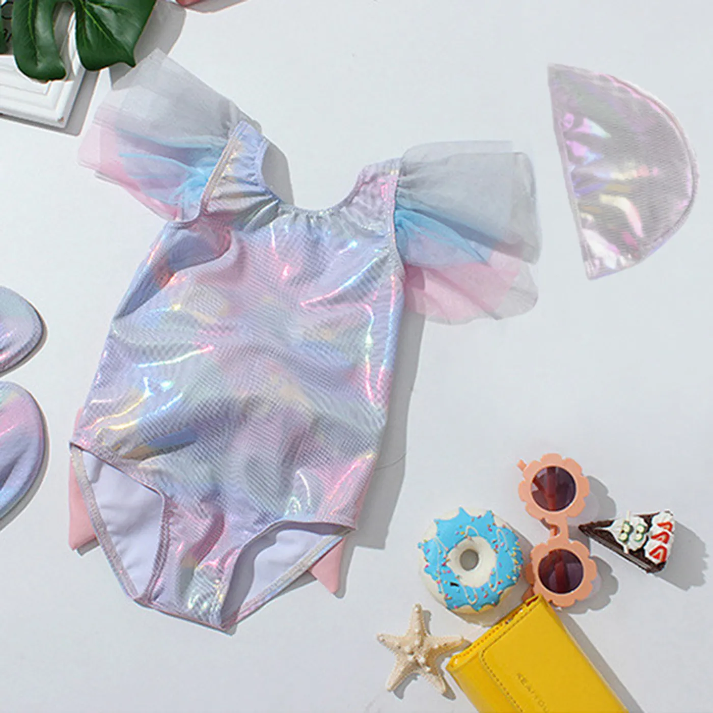 2pcs Kid Girl Bow Design Colorful Tie Dyed Ruffle-sleeve One-piece Swimsuit and Swimming Cap Set Multi-color image 2
