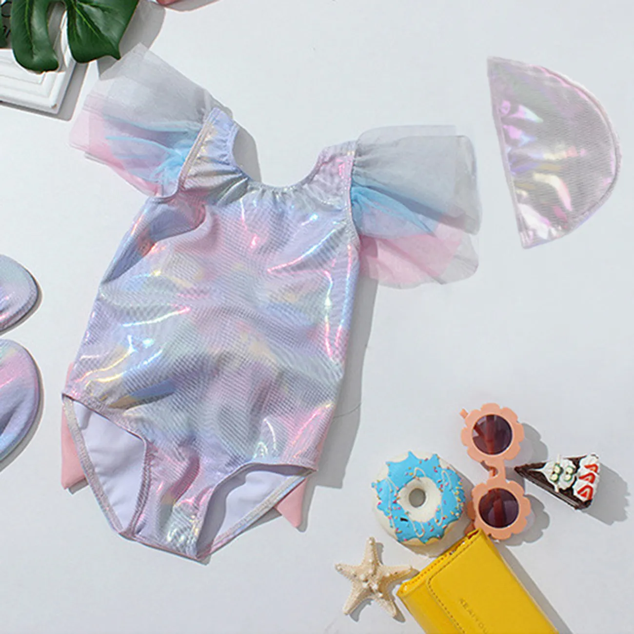 2pcs Kid Girl Bow Design Colorful Tie Dyed Ruffle-sleeve One-piece Swimsuit and Swimming Cap Set Multi-color big image 1
